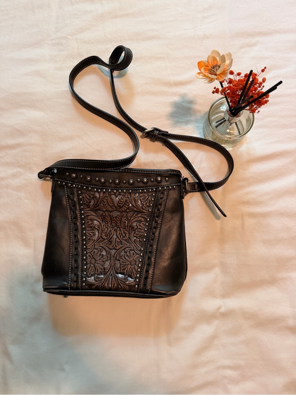 Shyanne Black Tooled Crossbody Bag with Stud Accents